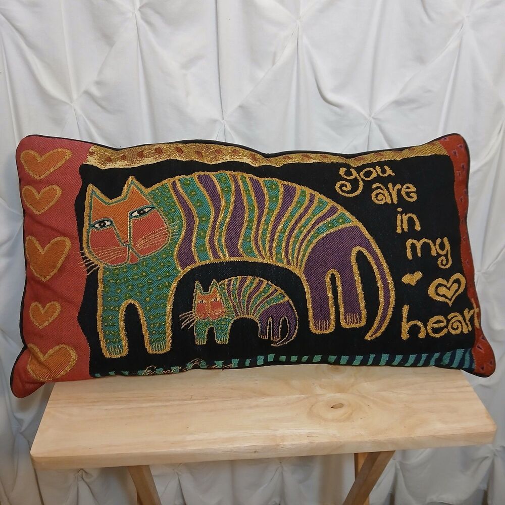 Vtg Laurel Burch Cat Throw Pillow You Are In My Heart Lumbar Rectangle 23"×12"